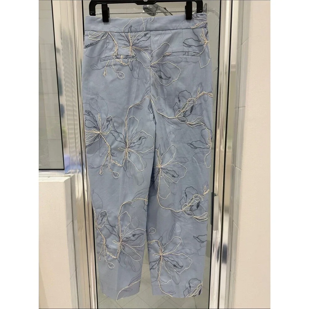 Zara Light Blue Floral Embroidered Linen Blend Ankle Pants High Rise size Small